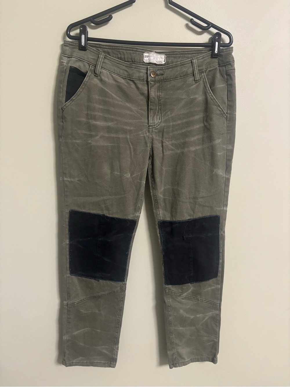 Free People Knee Patch Pants Womens 10 Skinny Chinos Olive Urban Military Grunge